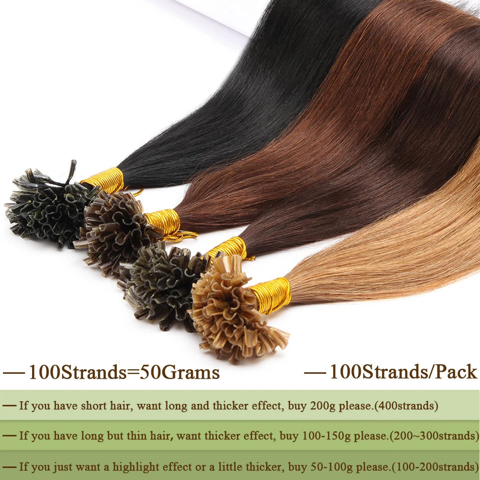S-noilite 0.5g/s 50g Nails U Tip Hair Extensions For Volume 16'' - 24'' Straight Human Hair Keratina Pre-bonded Capsules Fusion
