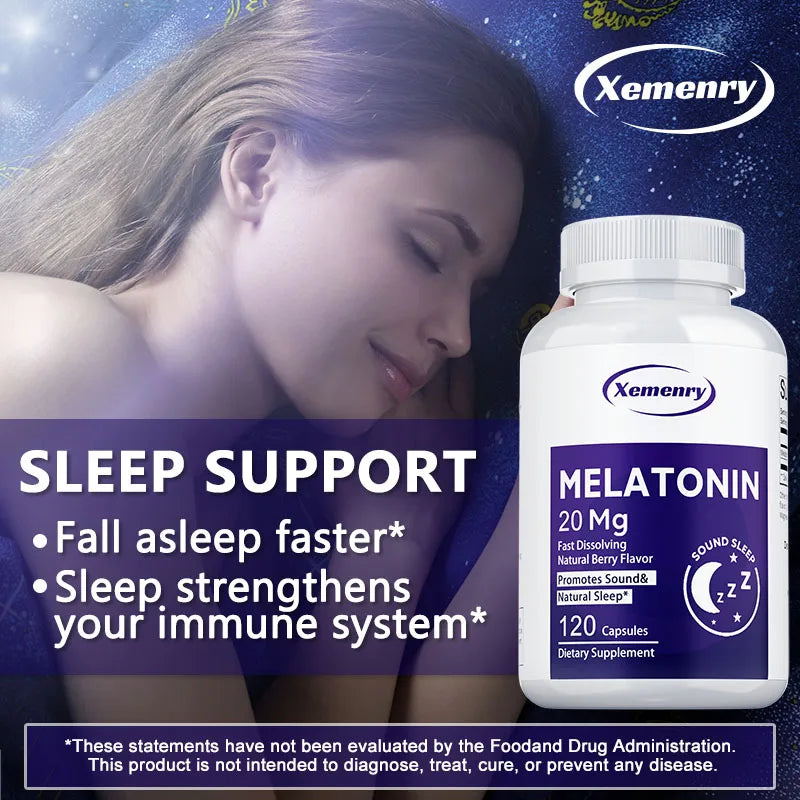 Melatonin Capsules 20mg - Supports Relaxation, Improve Sleep Quality, Promote Deep Sleep, Relieve Stress, and Increase Energy