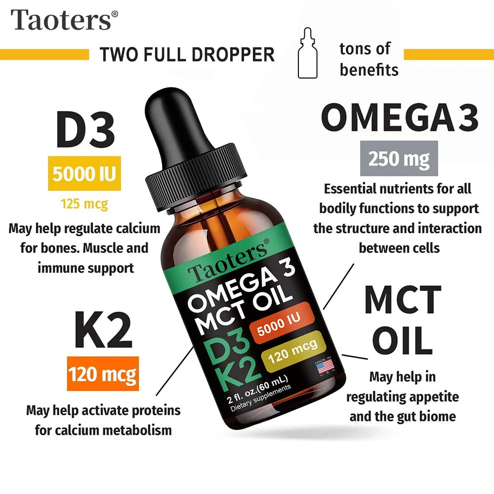 Vitamin D3 K2 Drops, Vitamin D Liquid 5000 IU with Omega 3 &amp; MCT Oil,  Non-GMO for Immune Support Dietary Supplement, 60 Ml