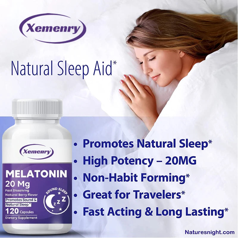 Melatonin Capsules 20mg - Aids Sleep, Improves Sleep Quality, Promotes Deep Sleep, Relieves Stress and Anxiety
