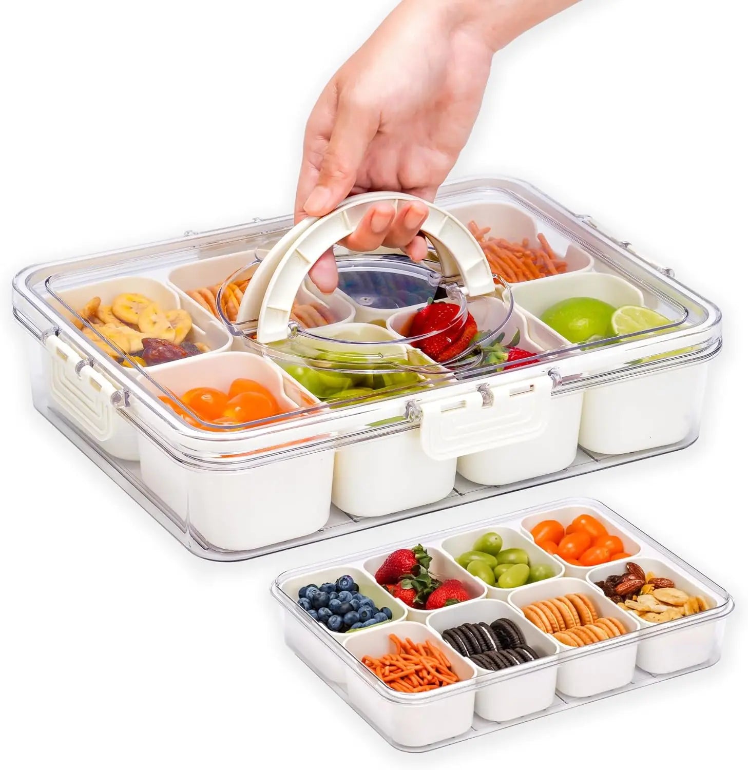 Portable Snackle Box Container  Divided Serving Tray with Lid and Handle Clear Snack Box Organizer for Fruits Candy, Snacks