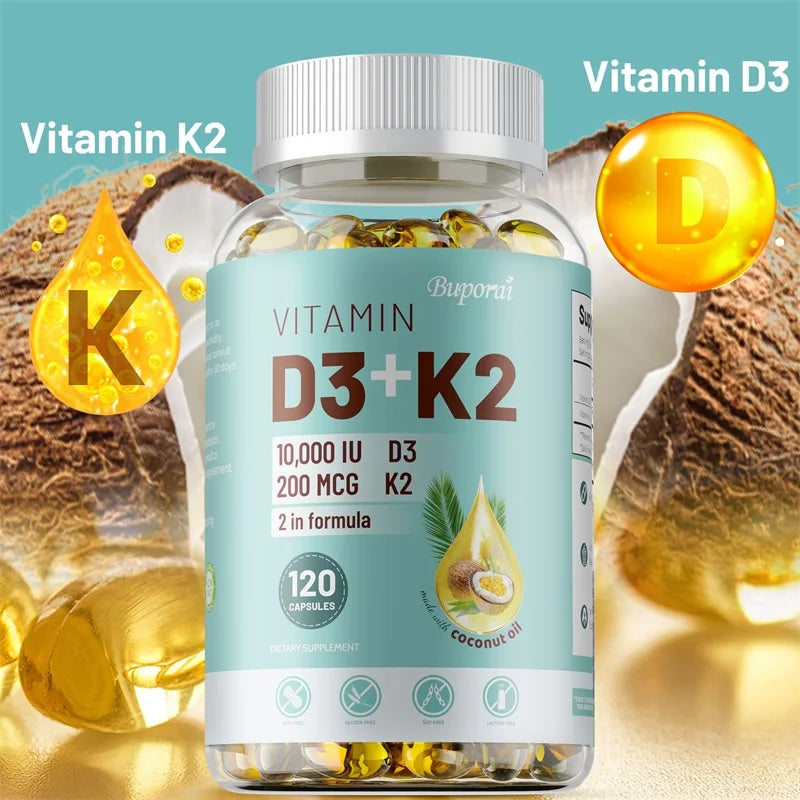 Vitamin D3 + K2 - Supplement for Bones, Heart and Teeth, Promotes Calcium Absorption, Bone Regeneration, Immunity