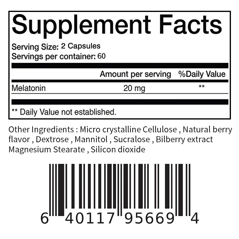Melatonin Capsules 20mg - Aids Sleep, Improves Sleep Quality, Promotes Deep Sleep, Relieves Stress and Anxiety