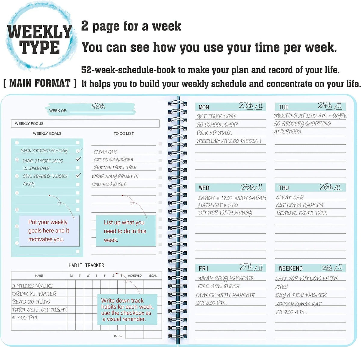 Weekly Planner 52-Week To Do List Notebook with Habit Tracker Spiral Weekly Planner Notebook for Weekly Goals/Work Planner