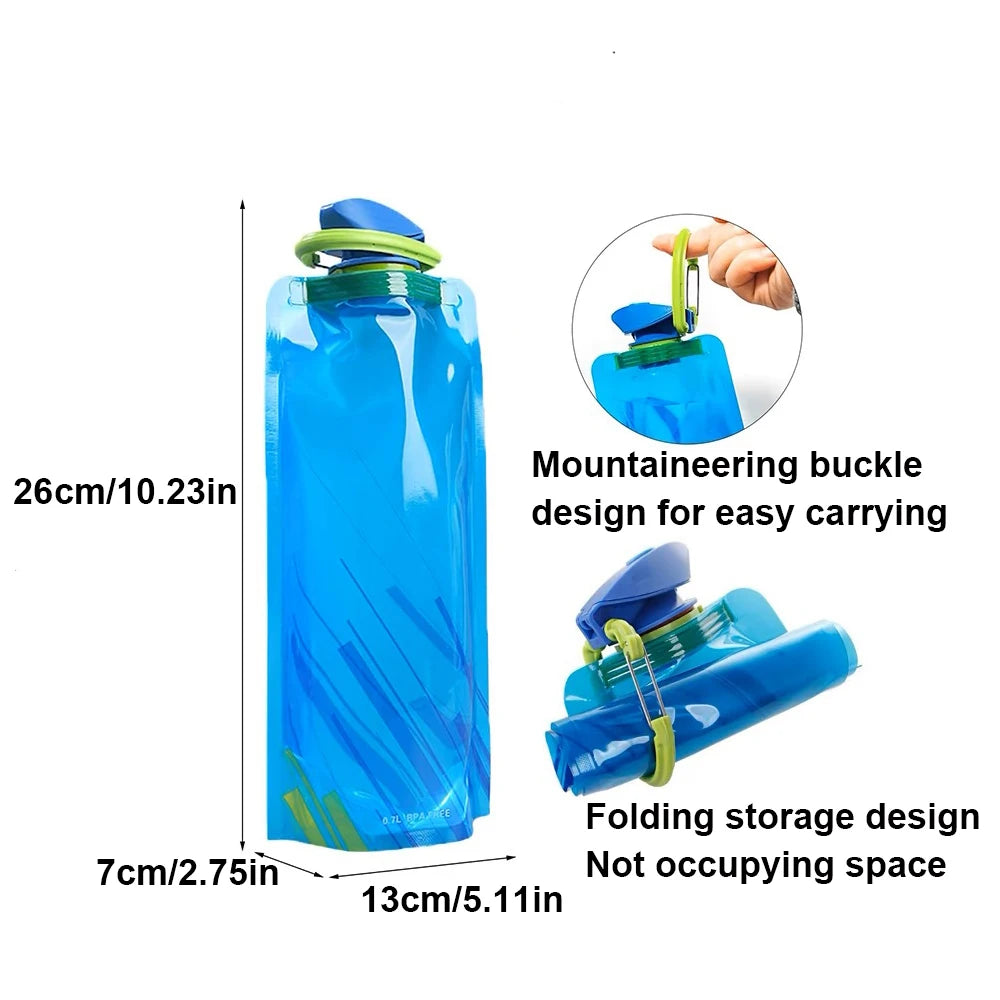 Foldable Water Bottles Flexible Reusable Travel Water Bottle Plastic Water Pouch Soft Flask Water Bag With Carabiner Clip