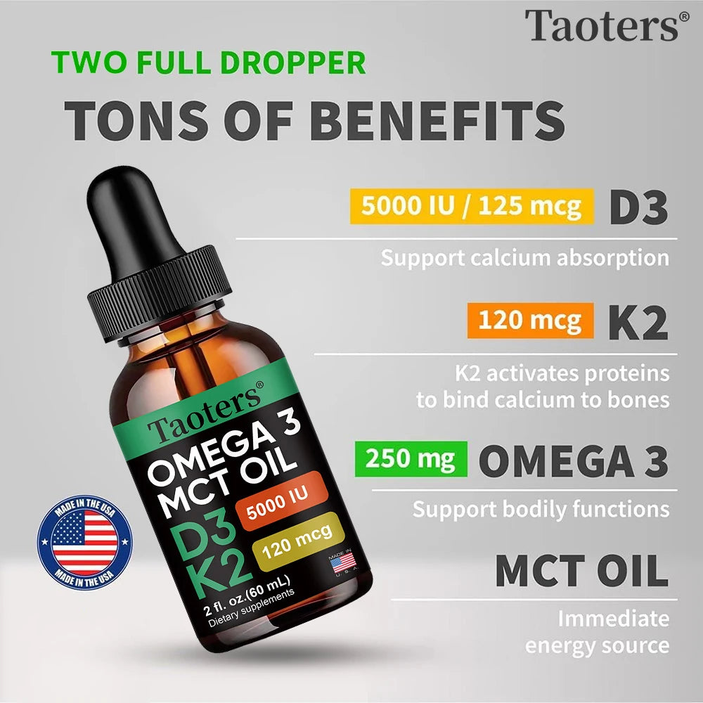 Vitamin D3 K2 Drops, Vitamin D Liquid 5000 IU with Omega 3 &amp; MCT Oil,  Non-GMO for Immune Support Dietary Supplement, 60 Ml