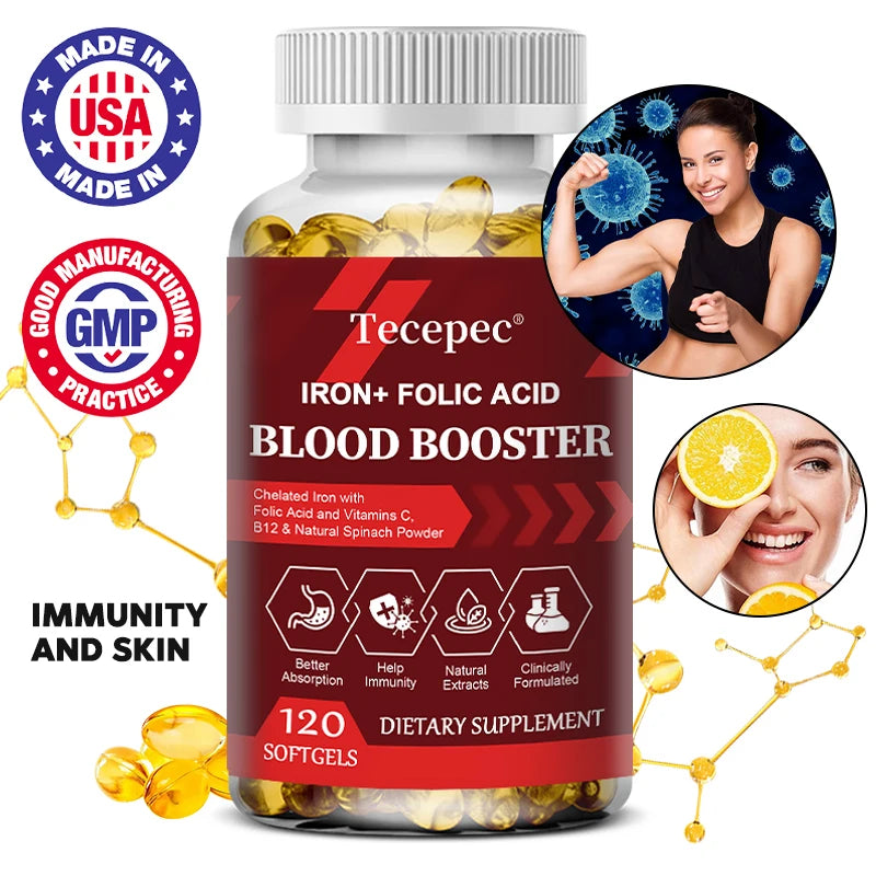 Iron + Folic Acid Supplement, with Vitamin C, B12 &amp; Zinc, Blood Strengthener, Circulation Support Immune Support