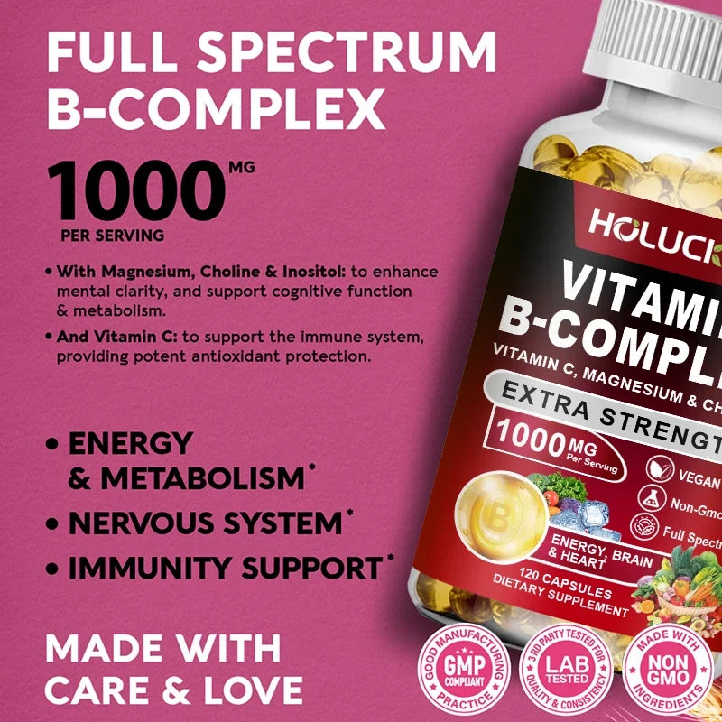 Vitamin B Complex Supplement - (B1, B2, B3, B5, B6, B7, B8, B9, B12 Folic Acid&amp;Biotin) with Vitamin C, Inositol - Energy Healthy
