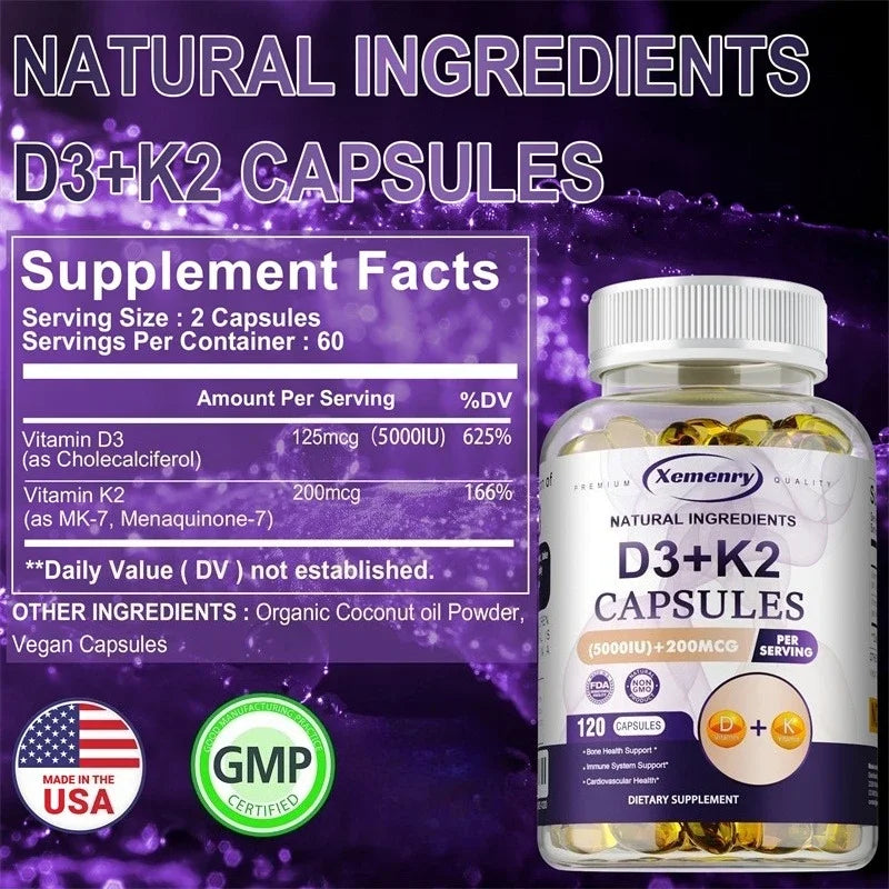 Vitamin D3 + K2(MK7) Supplement - Bone, Joint, Heart, Immune, Teeth and Skin Health Support - Non-GMO Supplement