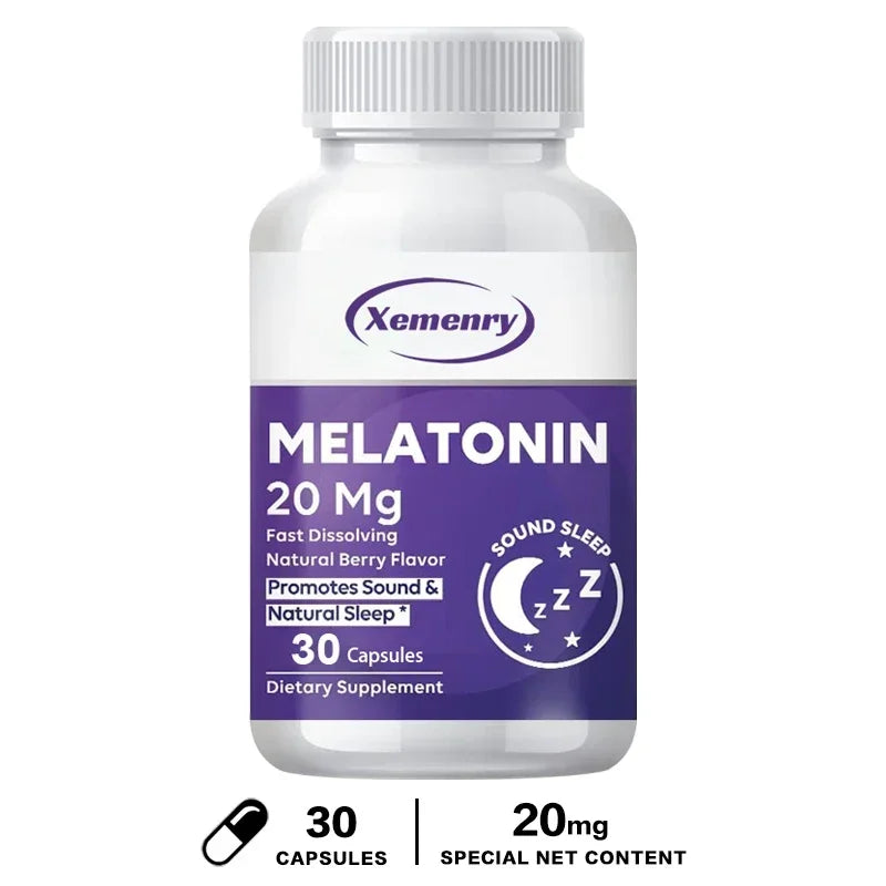 Melatonin Capsules 20mg - Aids Sleep, Improves Sleep Quality, Promotes Deep Sleep, Relieves Stress and Anxiety