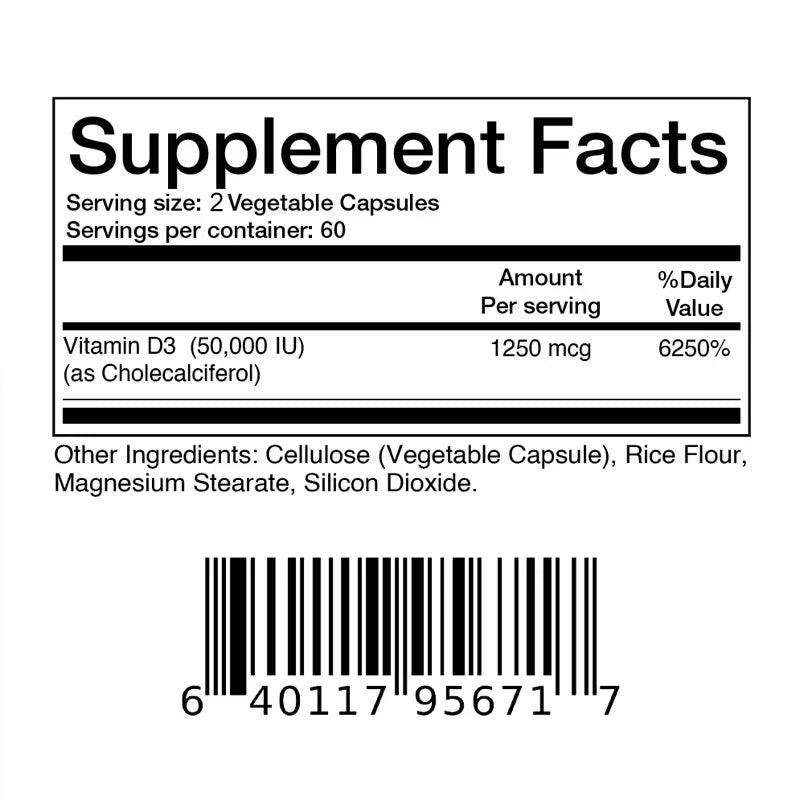 Vitamin D3 50000 IU - Immune Support, Promotes Muscle Health, Bones and Nervous System Health