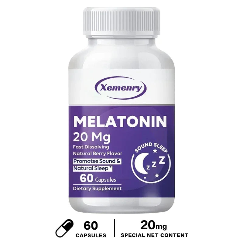 Melatonin Capsules 20mg - Aids Sleep, Improves Sleep Quality, Promotes Deep Sleep, Relieves Stress and Anxiety