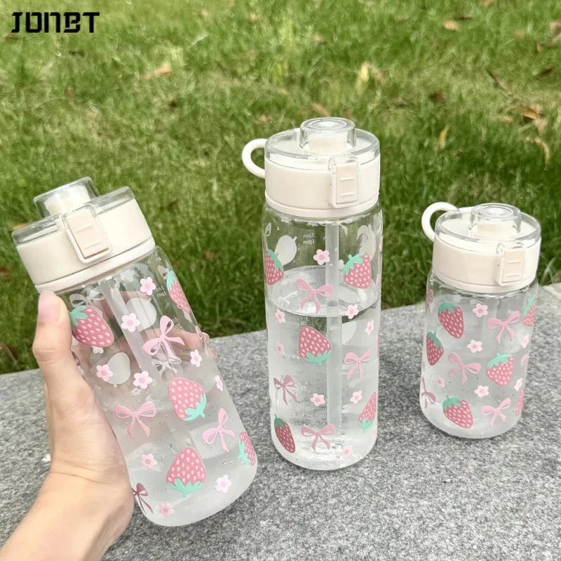 400/600/800ML Reusable Plastic Straw Water Bottle For Girls Cute Strawberry Bow Flower Drinkware Portable Iced Coffee Juice Cup