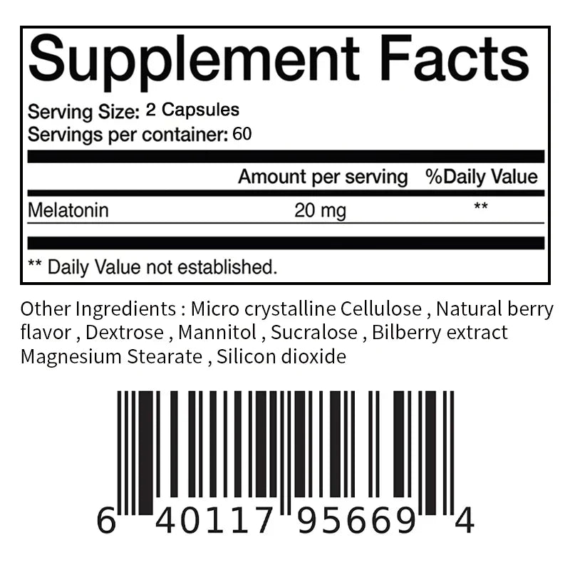 Melatonin Capsules 20mg - To Sleep, Relaxation, Stress, Promote Deep Sleep and Healthy Sleep, Non-GMO