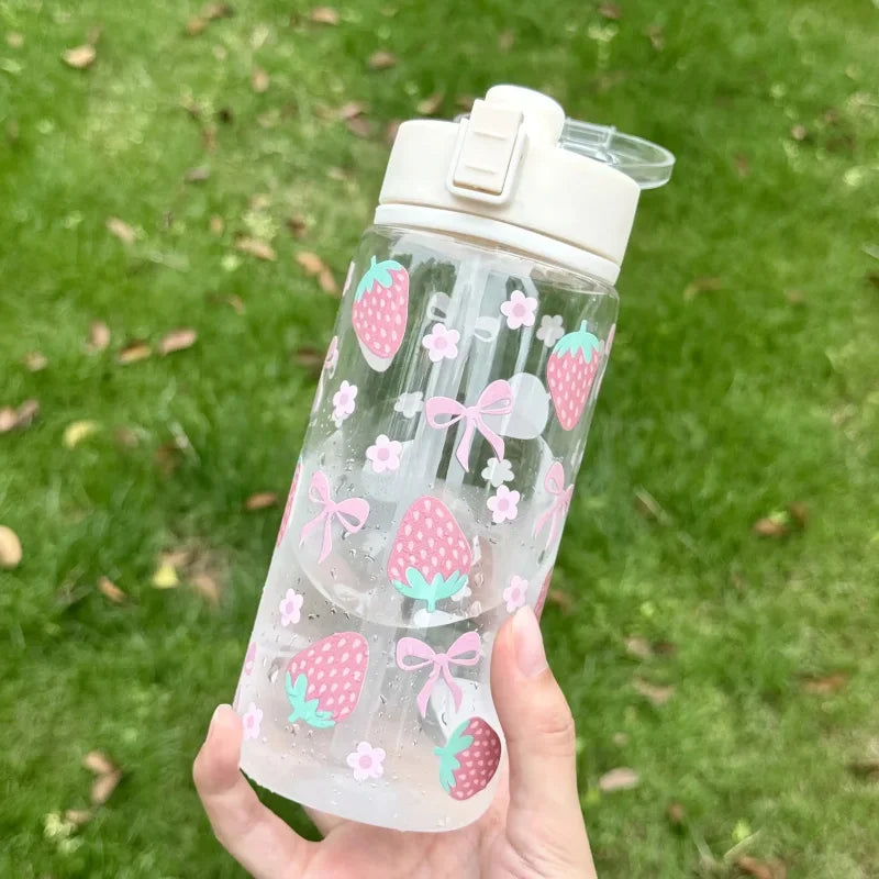 400/600/800ML Reusable Plastic Straw Water Bottle For Girls Cute Strawberry Bow Flower Drinkware Portable Iced Coffee Juice Cup