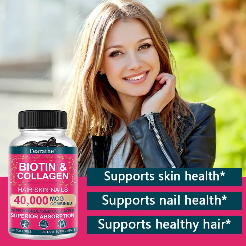 Biotin Collagen Supplement - Hair Growth Support, Skin &amp; Nails - 40000 mcg with Vitamins B Complex, Hyaluronic Acid &amp; Keratin