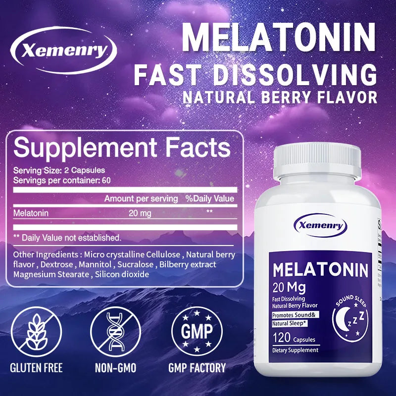 Melatonin Capsules 20mg - Supports Relaxation, Improve Sleep Quality, Promote Deep Sleep, Relieve Stress, and Increase Energy