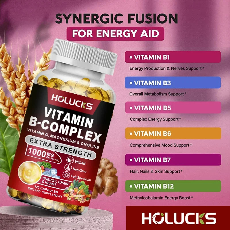 Vitamin B Complex Supplement - (B1, B2, B3, B5, B6, B7, B8, B9, B12 Folic Acid&amp;Biotin) with Vitamin C, Inositol - Energy Healthy