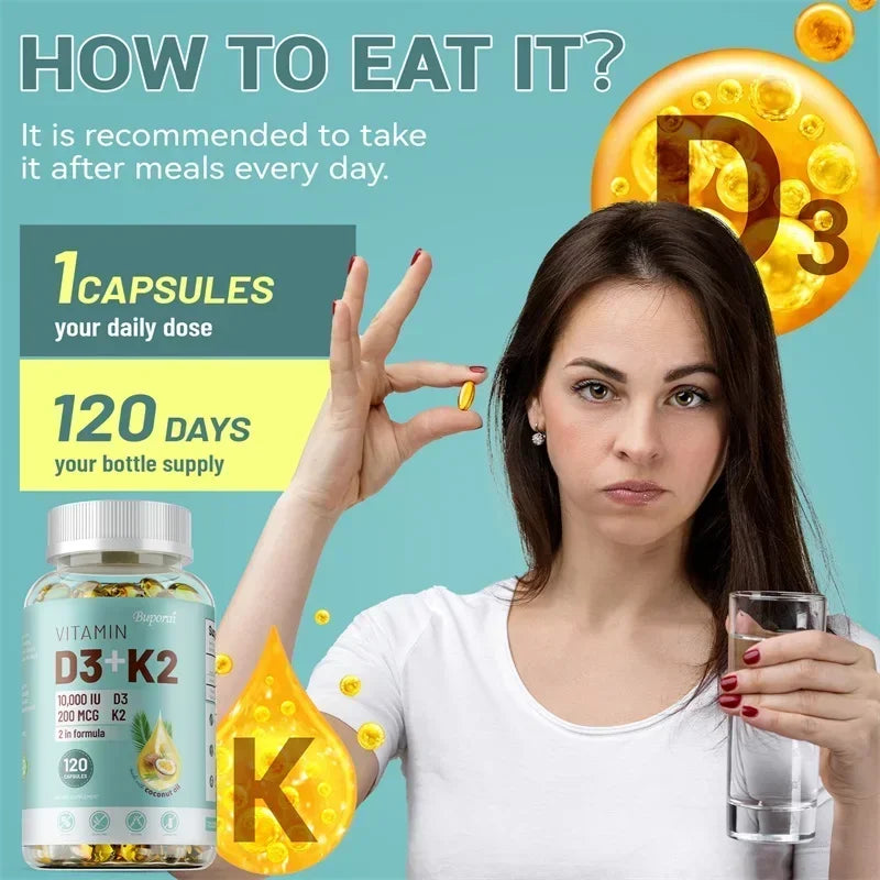 Vitamin D3 + K2 - Supplement for Bones, Heart and Teeth, Promotes Calcium Absorption, Bone Regeneration, Immunity