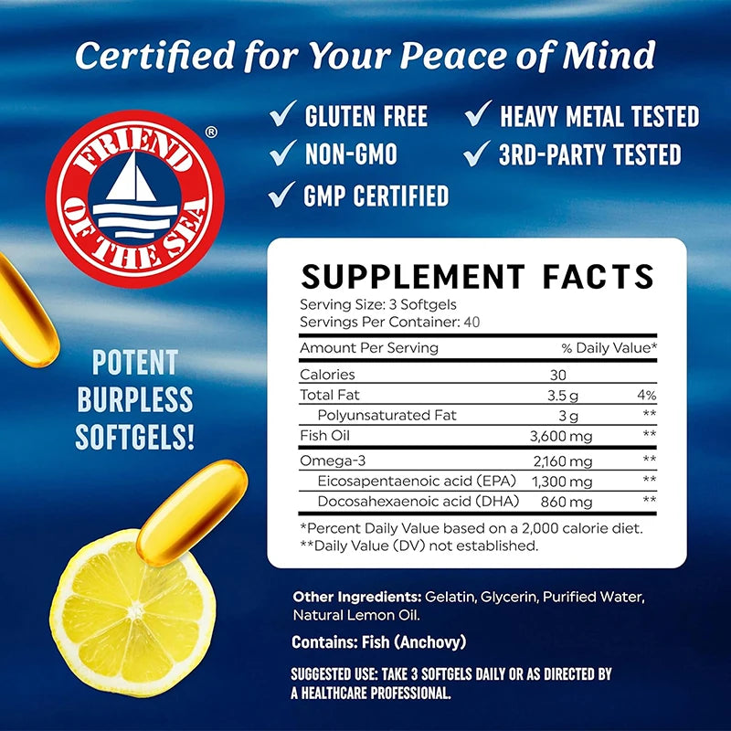 Omega 3 Fish Oil Capsules - Supports Eye and Skin Health, Promotes Brain Function, Improves Immunity, and Is An Antioxidant