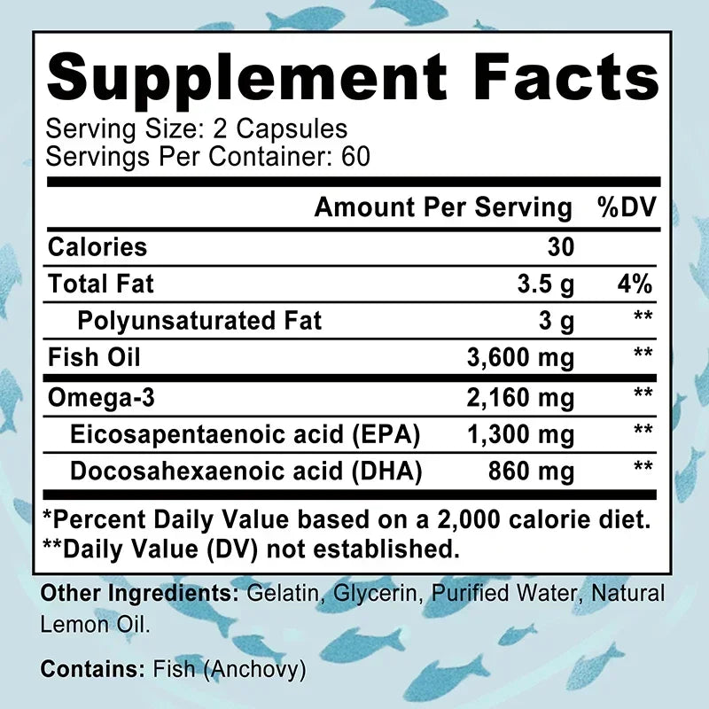Omega 3 Fish Oil - Promotes Overall Health, Supports Energy, Relieve Fatigue, Improve Memory, Support Joints, Immune System