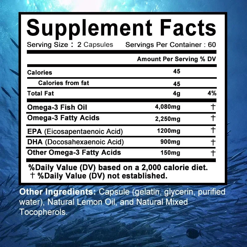 Omega 3 Fish Oil -  Support Brain Nervous System Good for Cardiovascular &amp; Skin Health Antioxidant
