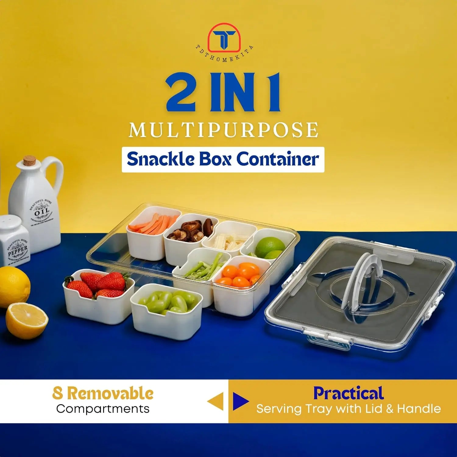 Portable Snackle Box Container  Divided Serving Tray with Lid and Handle Clear Snack Box Organizer for Fruits Candy, Snacks