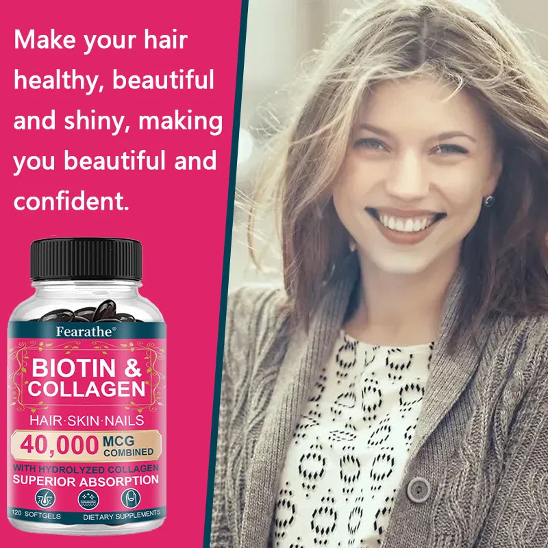 Biotin Collagen Supplement - Hair Growth Support, Skin &amp; Nails - 40000 mcg with Vitamins B Complex, Hyaluronic Acid &amp; Keratin