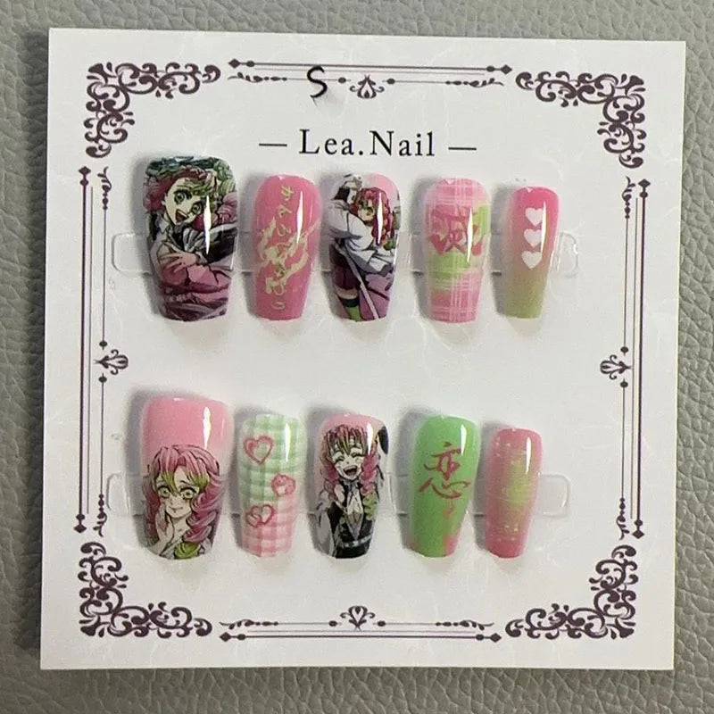 Lea.Nail Anime-Inspired Press-On Nails: Pink &amp; Green Gradient Art with Hearts, Floral &amp; Anime Designs | Cosplay-Ready 3D Accents