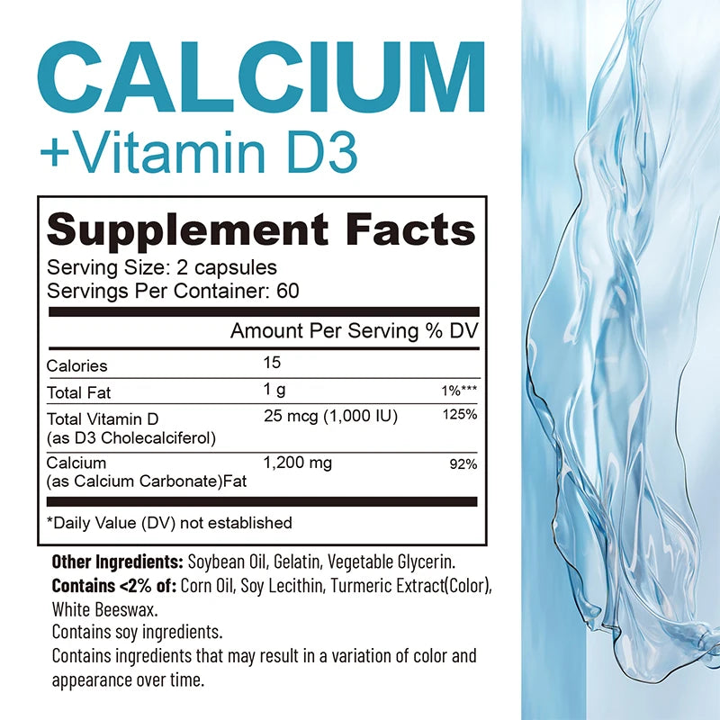 Calcium + Vitamin D3 Capsules - Immune Support, Helps Regulate Calcium Metabolism, and Promotes Healthy Bones, Teeth, and Skin