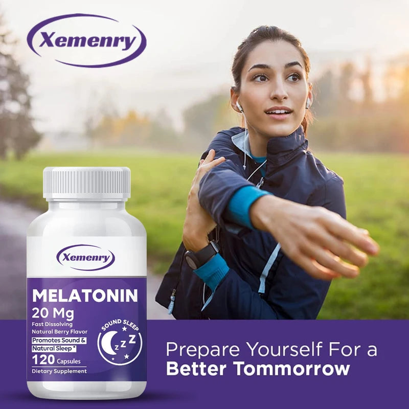 Melatonin Capsules 20mg - Aids Sleep, Improves Sleep Quality, Promotes Deep Sleep, Relieves Stress and Anxiety
