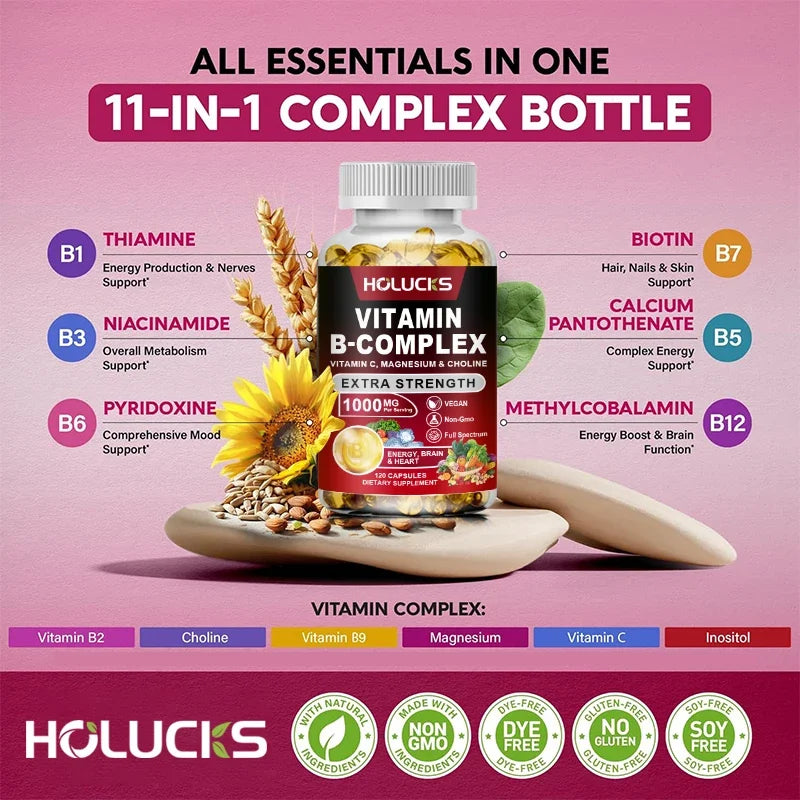 Vitamin B Complex Supplement - (B1, B2, B3, B5, B6, B7, B8, B9, B12 Folic Acid&amp;Biotin) with Vitamin C, Inositol - Energy Healthy