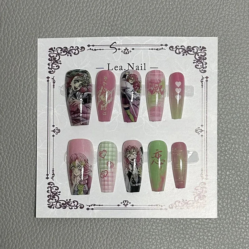 Lea.Nail Anime-Inspired Press-On Nails: Pink & Green Gradient Art with Hearts, Floral & Anime Designs | Cosplay-Ready 3D Accents