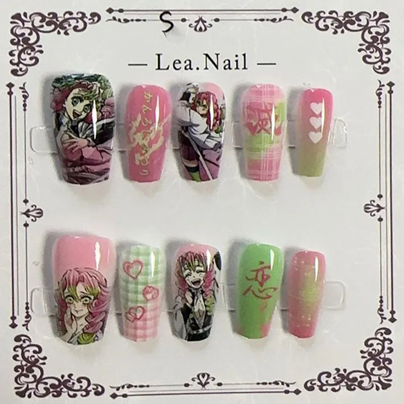 Lea.Nail Anime-Inspired Press-On Nails: Pink &amp; Green Gradient Art with Hearts, Floral &amp; Anime Designs | Cosplay-Ready 3D Accents