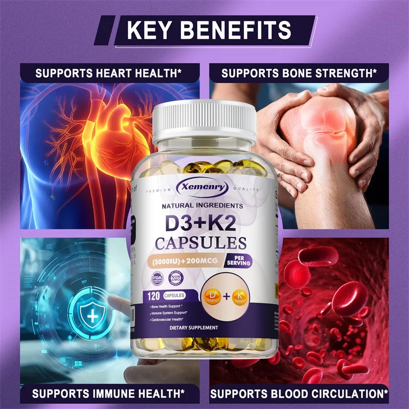Vitamin D3 + K2(MK7) Supplement - Bone, Joint, Heart, Immune, Teeth and Skin Health Support - Non-GMO Supplement