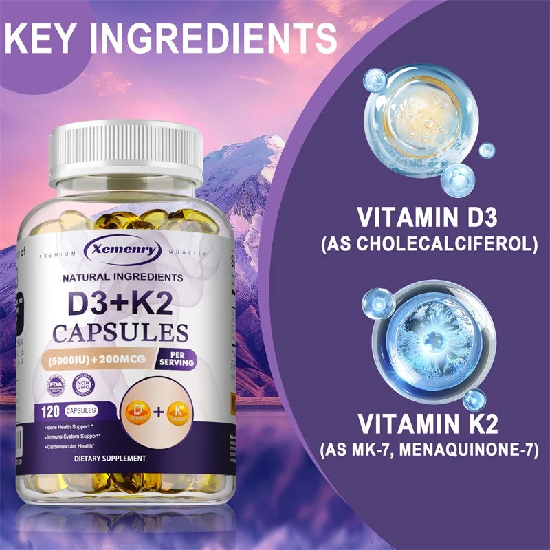 Vitamin D3 + K2(MK7) Supplement - Bone, Joint, Heart, Immune, Teeth and Skin Health Support - Non-GMO Supplement
