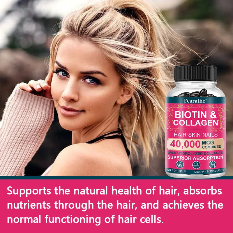 Biotin Collagen Supplement - Hair Growth Support, Skin &amp; Nails - 40000 mcg with Vitamins B Complex, Hyaluronic Acid &amp; Keratin