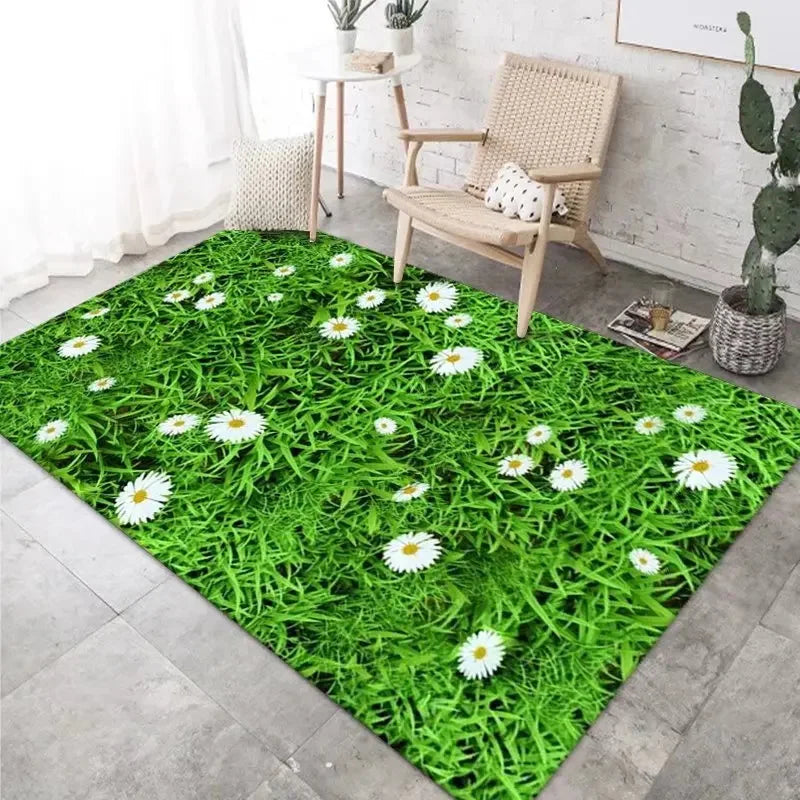 Spring Chamomile Flower Green Lounge Carpet Indoor Outdoor Rural Farmhouse Decor Large Area Rug Camping Kid's Crawling Floor Mat