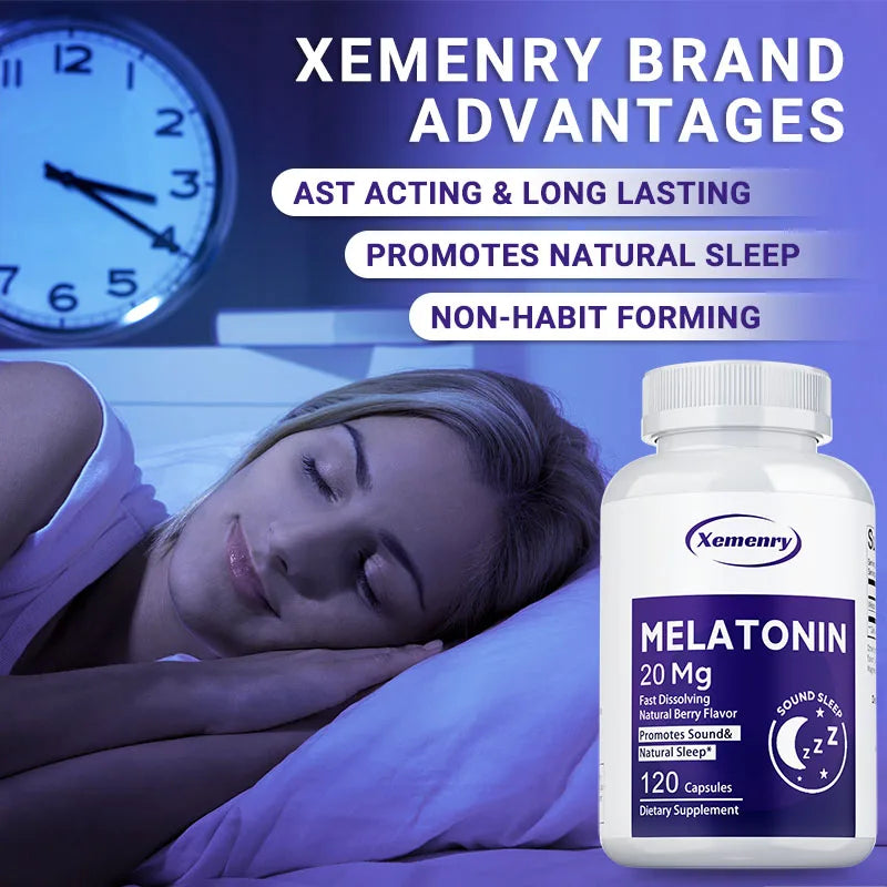 Melatonin Capsules 20mg - Supports Relaxation, Improve Sleep Quality, Promote Deep Sleep, Relieve Stress, and Increase Energy