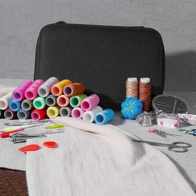 A Compact Travel Sewing Kit That Includes Needles, Threads, Scissors, and Other Emergency Repair Items, Featuring A Mix of Basic