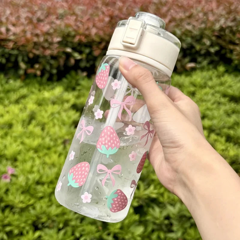400/600/800ML Reusable Plastic Straw Water Bottle For Girls Cute Strawberry Bow Flower Drinkware Portable Iced Coffee Juice Cup