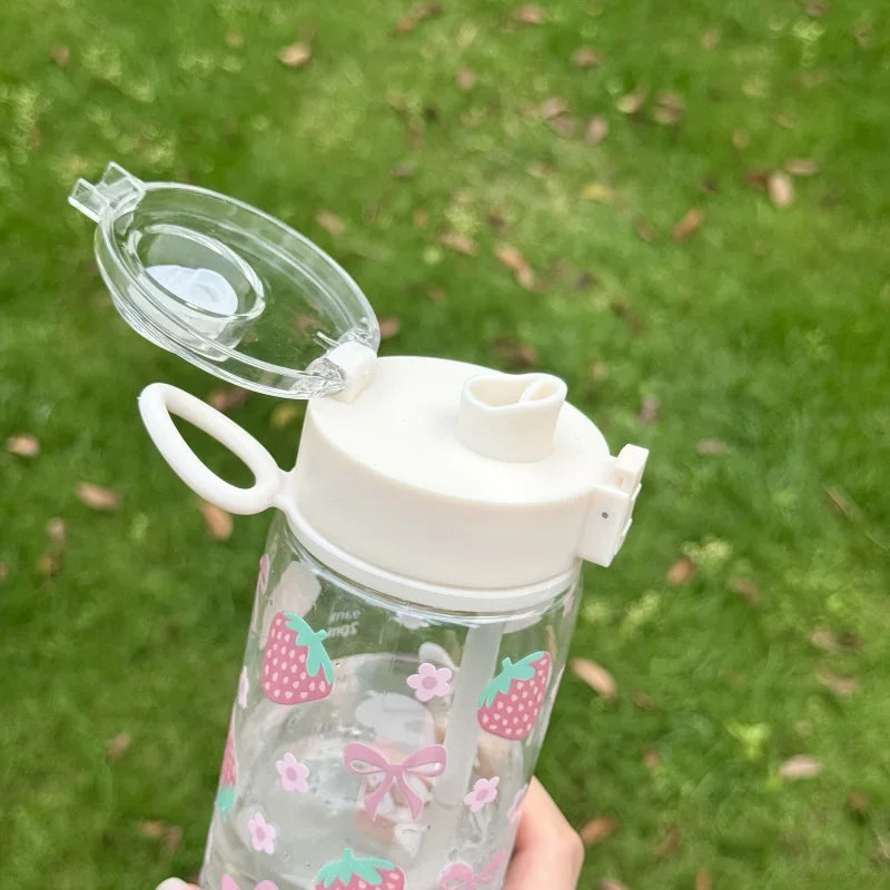 400/600/800ML Reusable Plastic Straw Water Bottle For Girls Cute Strawberry Bow Flower Drinkware Portable Iced Coffee Juice Cup