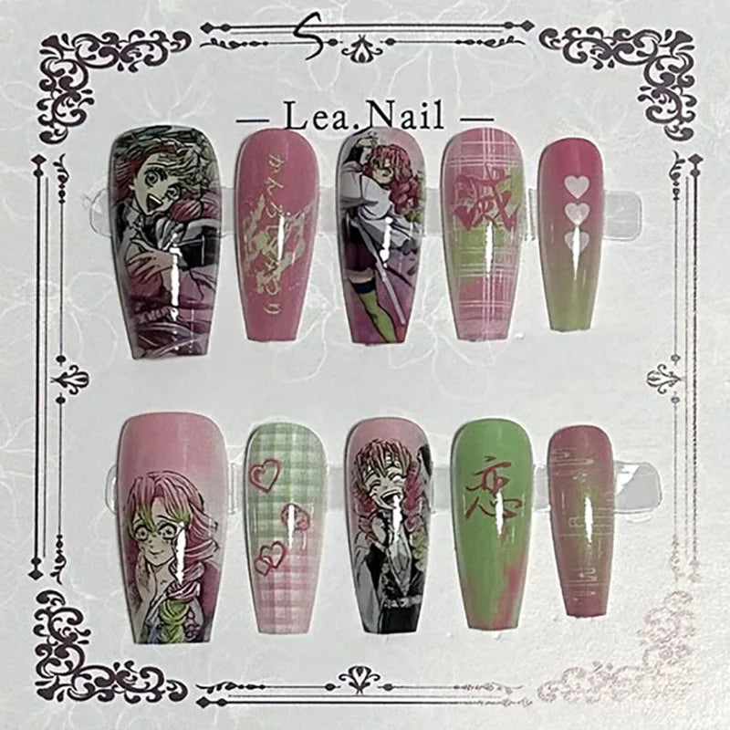 Lea.Nail Anime-Inspired Press-On Nails: Pink &amp; Green Gradient Art with Hearts, Floral &amp; Anime Designs | Cosplay-Ready 3D Accents
