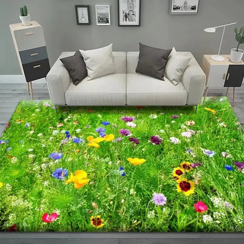 Spring Chamomile Flower Green Lounge Carpet Indoor Outdoor Rural Farmhouse Decor Large Area Rug Camping Kid's Crawling Floor Mat