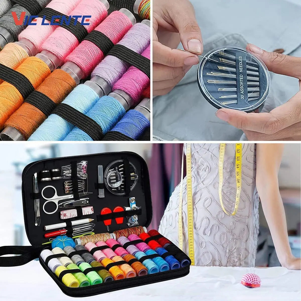 A Compact Travel Sewing Kit That Includes Needles, Threads, Scissors, and Other Emergency Repair Items, Featuring A Mix of Basic