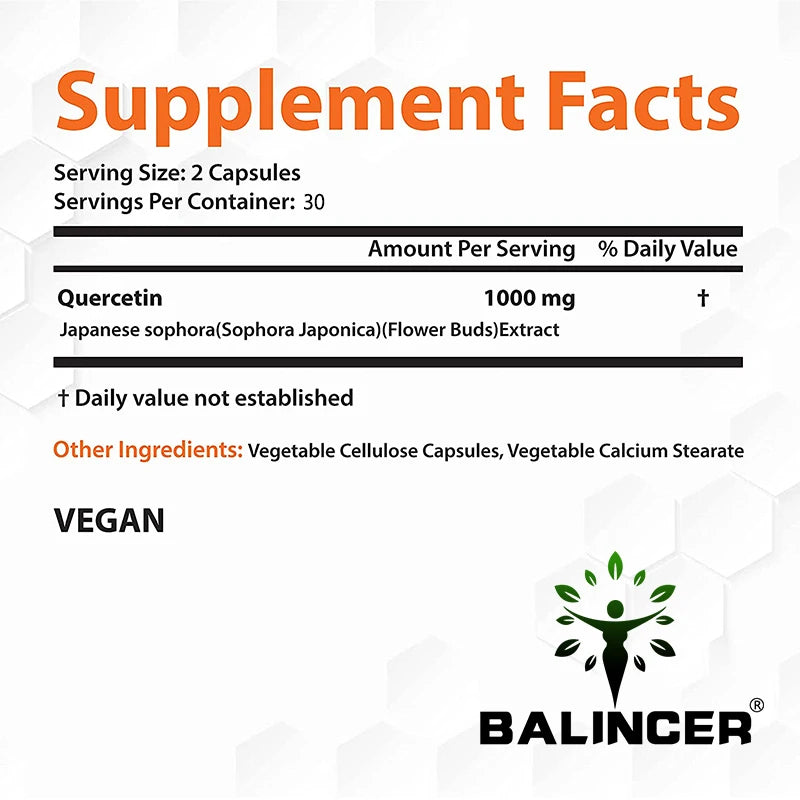 Natural Quercetin Supplement Vegan Capsules Bioflavonoid Support - Supports immune health and energy levels