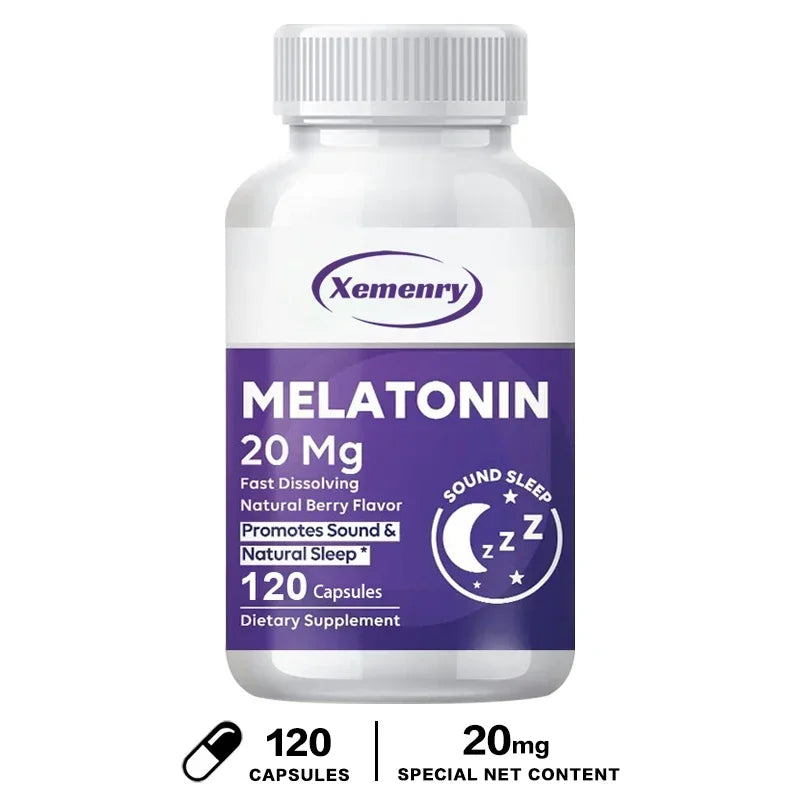 Melatonin Capsules 20mg - Aids Sleep, Improves Sleep Quality, Promotes Deep Sleep, Relieves Stress and Anxiety