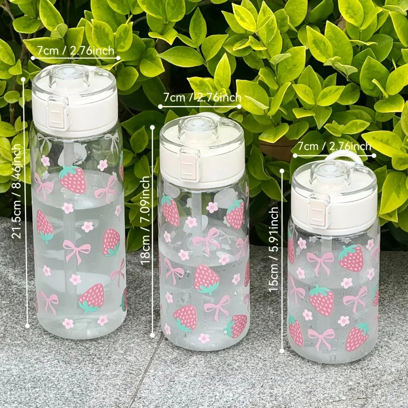 400/600/800ML Reusable Plastic Straw Water Bottle For Girls Cute Strawberry Bow Flower Drinkware Portable Iced Coffee Juice Cup