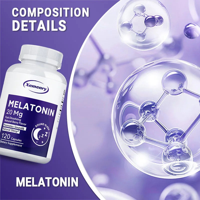 Melatonin Capsules 20mg - Supports Relaxation, Improve Sleep Quality, Promote Deep Sleep, Relieve Stress, and Increase Energy
