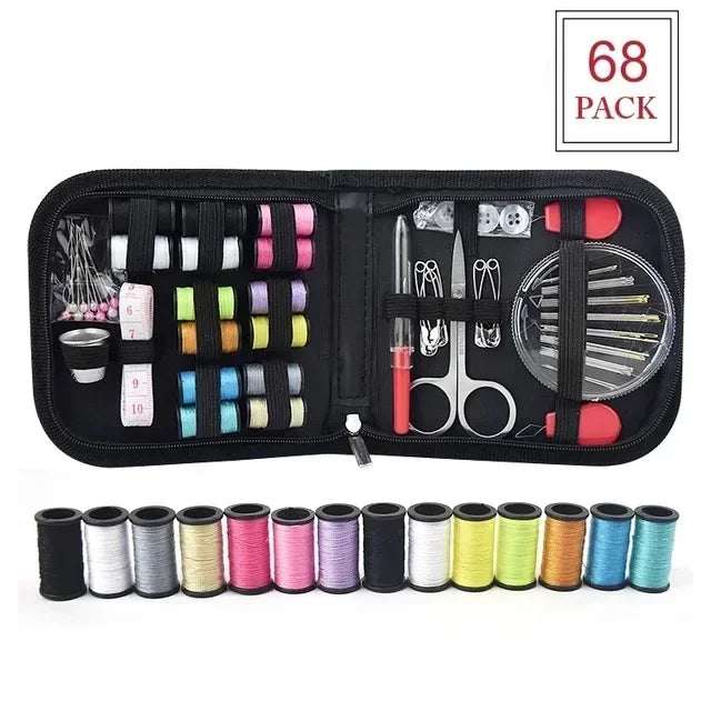 A Compact Travel Sewing Kit That Includes Needles, Threads, Scissors, and Other Emergency Repair Items, Featuring A Mix of Basic